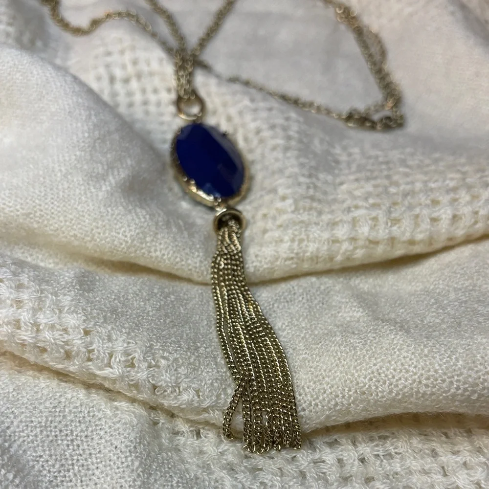 Premier Designs "CECE" Double-Sided Teal Blue Pendant Necklace NWT Gold Tone - Picture 9 of 12